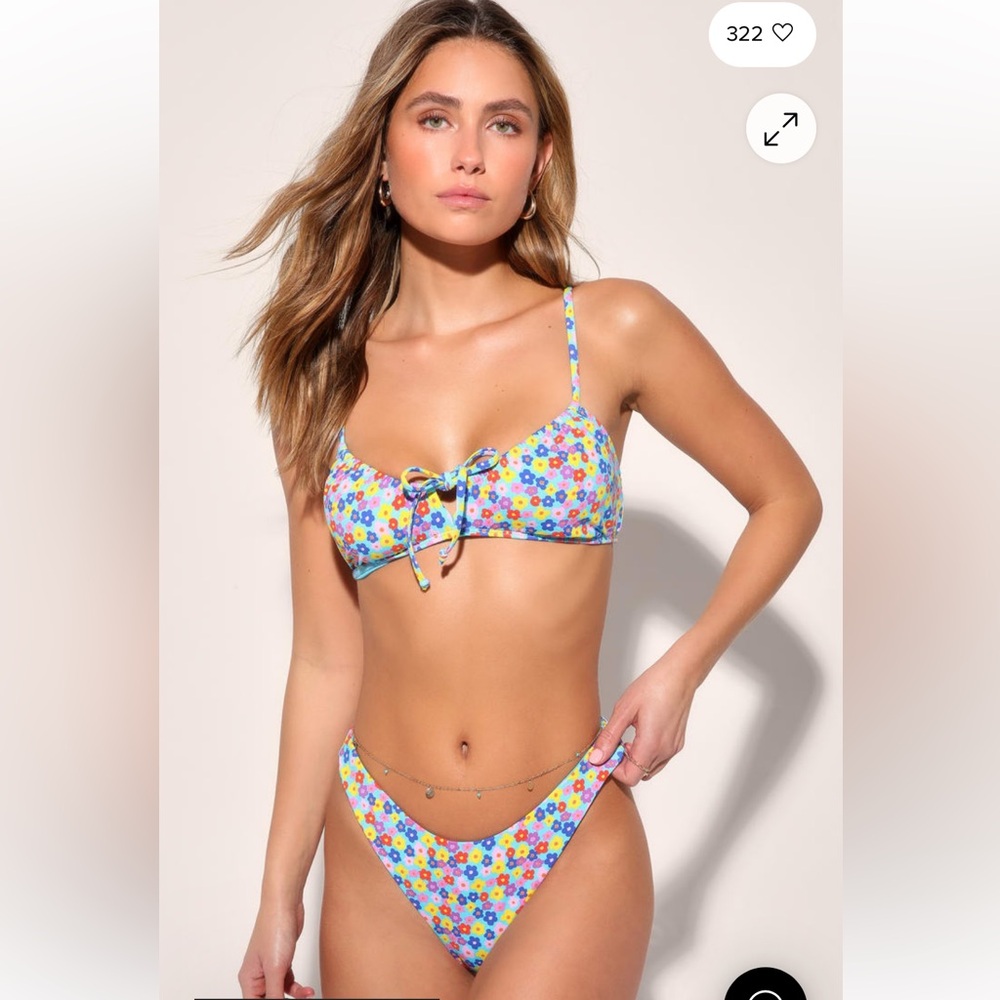 Lulus Light Blue Floral Bikini Tie-Front Top and Mid-rise Bikini Bottoms